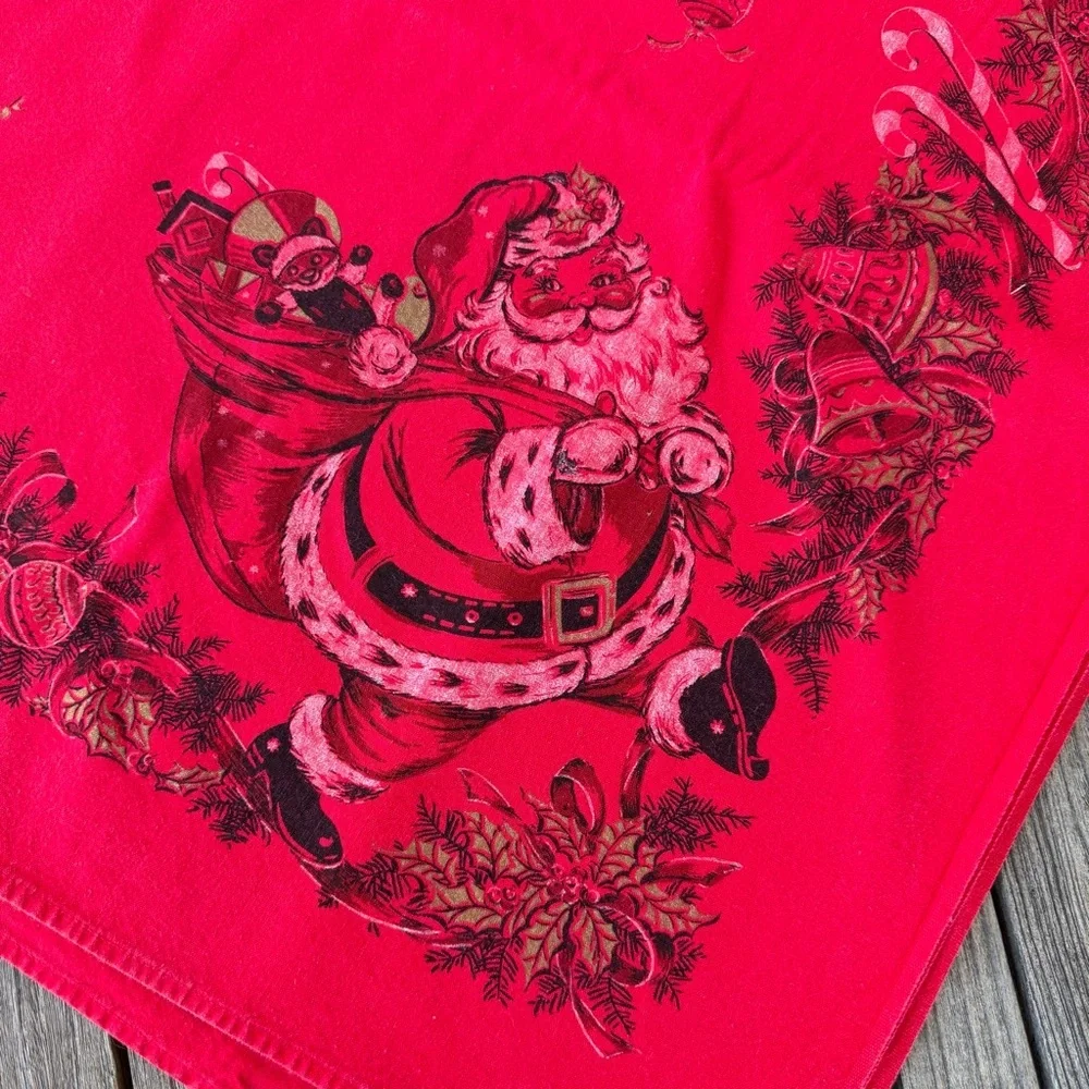 Vintage MCM Christmas Tablecloth Bright Red Santa Christmas Tree Gifts 48x60 GUC